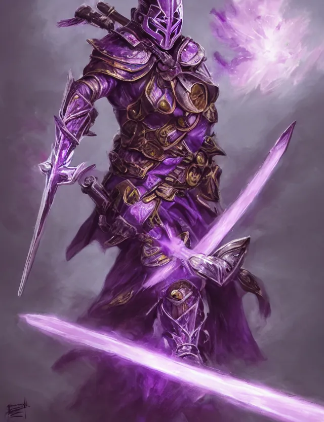 Image similar to a masked warrior in purple armour glowing violet, wielding a large purple sword that flashes with lightning, by frank fazetta and peter mohrbacher, trending on artstation, digital art, 4 k resolution, detailed, high quality, hq artwork, coherent, insane detail, concept art, character concept, character full body portrait