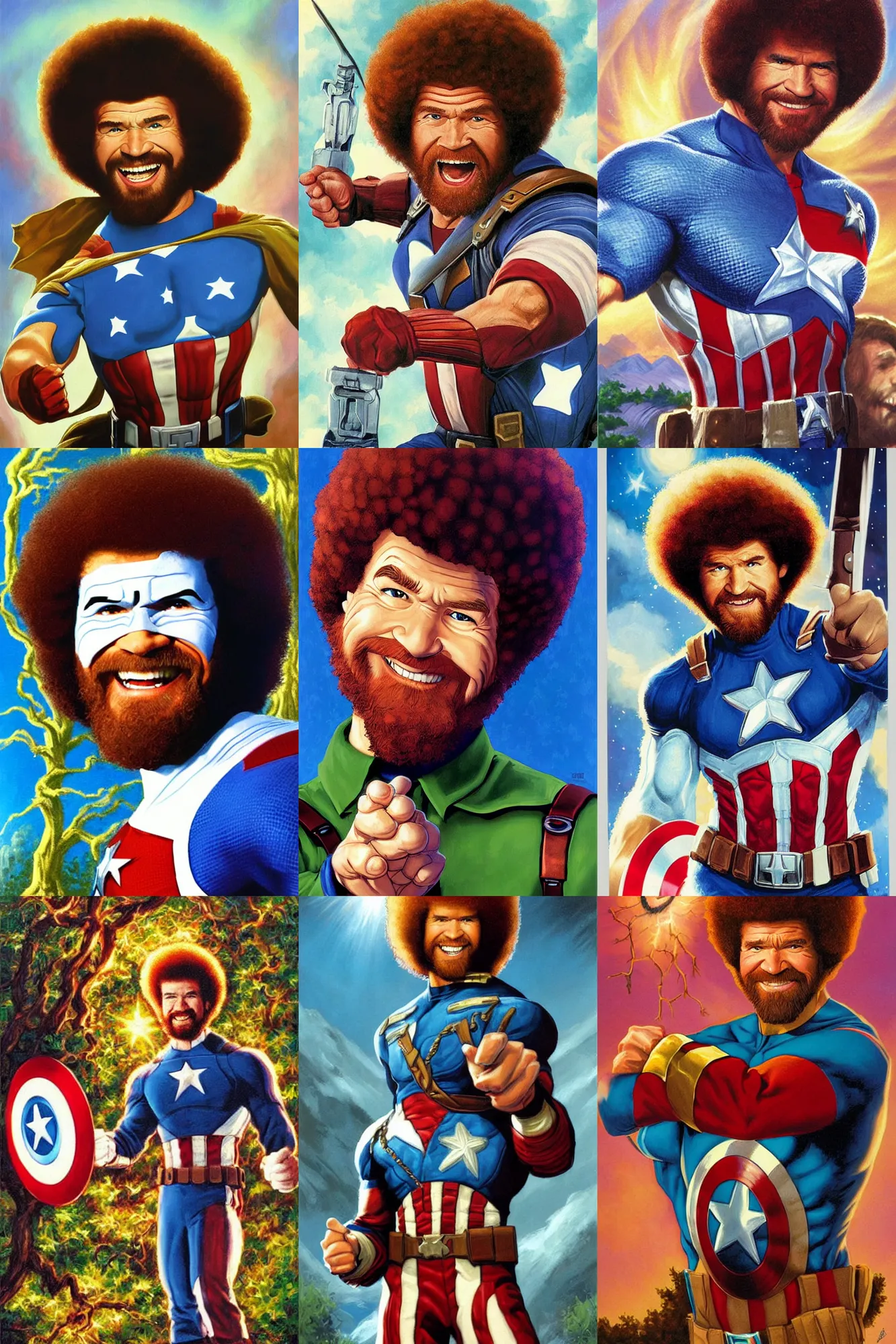 Prompt: Bob Ross as Captain America Painting a happy tree by Greg Hildebrandt, halo above head