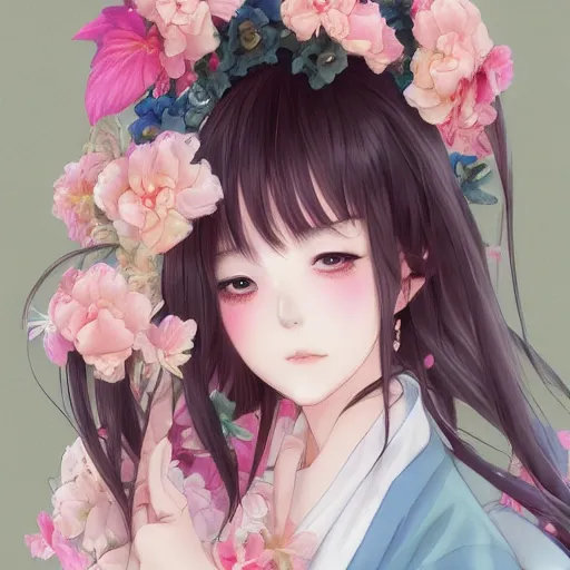 Image similar to realistic beautiful gorgeous natural cute drunk blushed girl in kimono art drawn full HD 4K highest quality in artstyle by professional artists WLOP, Taejune Kim, yan gisuka, JeonSeok Lee, artgerm, Ross draws, Zeronis, Chengwei Pan on Artstation