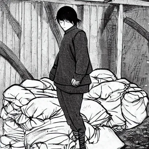 Prompt: manga, monochromatic, miura kentaro, side portrait of a girl, trench and sandbags in background, soldier clothing