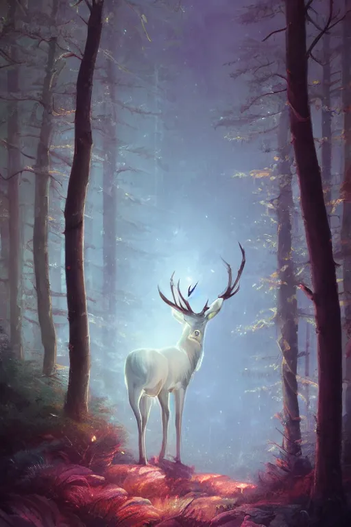 Image similar to Magical White Stag, lush evergreen forest, vivid colors, night scene, 4K, character concept art, oil painting, digital painting, painterly, cinematic lighting, rule of thirds, trending in artstation, cgsociety, by anato finnstark, Artgerm, Greg Rutkowski, Joseph Christian Leyendecker