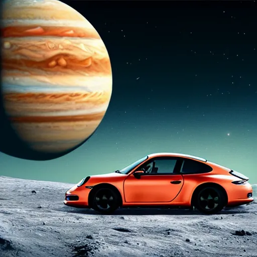 Image similar to porsche driving on the moon io with jupiter large in the sky