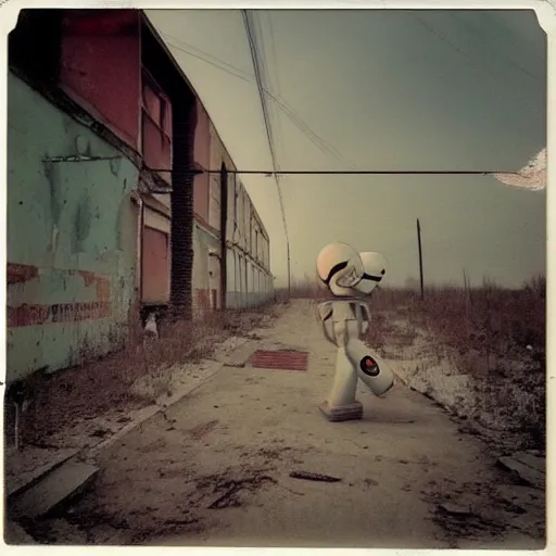 Prompt: polaroid of funny robot walking in abandoned soviet city