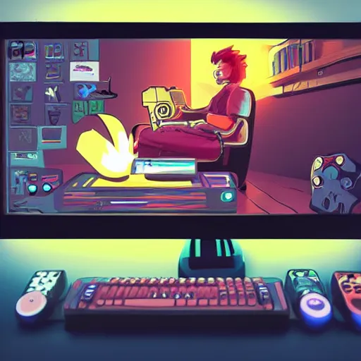 Prompt: video game art depicting a person playing videogames, high quality digital design