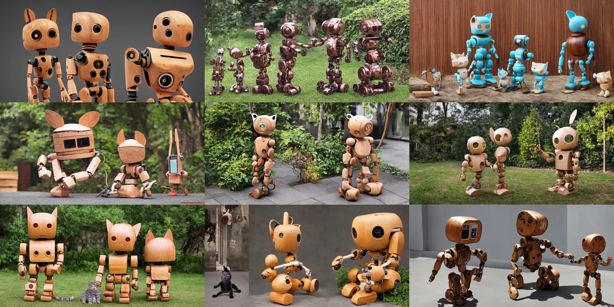 Prompt: 8k octa photo ,a wooden sculpture art toys on feet cute robot zen gardener with cat ears ,a contemporary art gallery