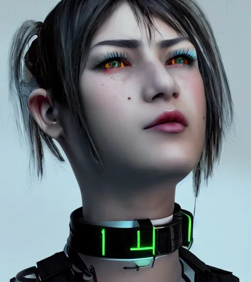 Image similar to detailed realistic female character cyberpunk wearing thick technological collar around neck, realistic, art, beautiful, 4K, collar, choker, collar around neck, punk, artstation, detailed, female, woman, choker, cyberpunk, neon, punk, collar, choker, collar around neck, thick collar, tight around neck, punk,