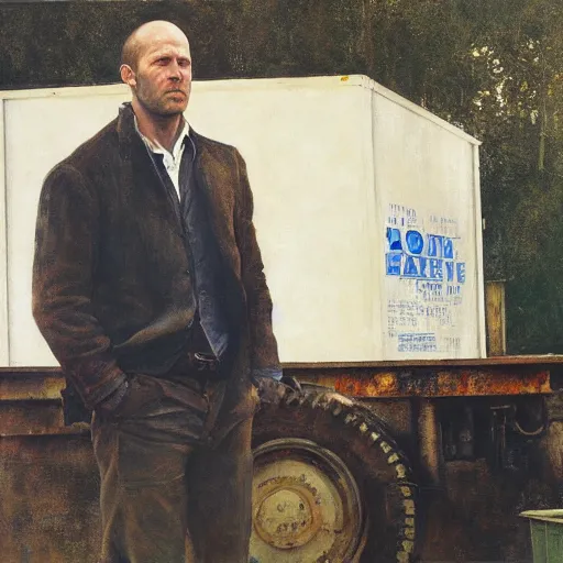 Image similar to Portrait of Jason Statham Pet Detective Standing atop a Garbage Truck Newell Convers Wyeth Andrew Wyeth Jamie Wyeth