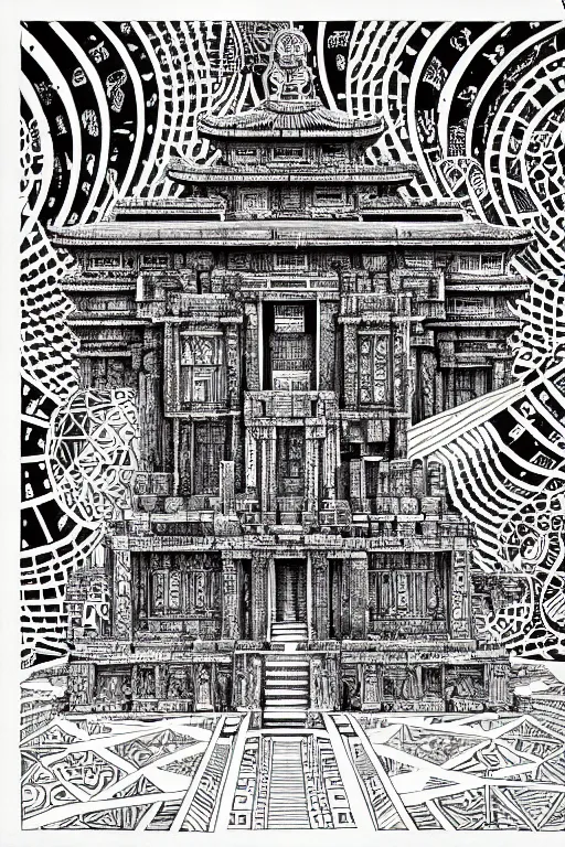 Image similar to a black and white drawing of an ancient temple, a detailed mixed media collage by hiroki tsukuda and eduardo paolozzi and moebius, intricate linework, sketchbook psychedelic doodle comic drawing, geometric, street art, polycount, deconstructivism, matte drawing, academic art, constructivism