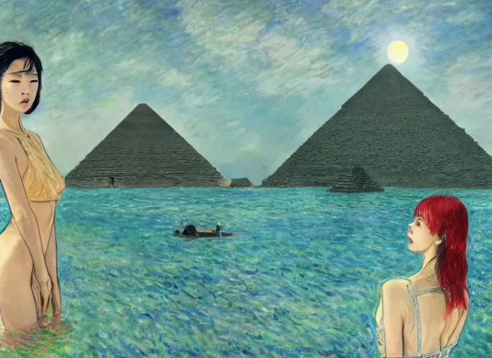 Image similar to lee jin - eun in luxurious dress emerging from turquoise water in egyptian pyramid city during an eclipse by claude monet, conrad roset, m. k. kaluta, martine johanna, rule of thirds, elegant look, beautiful, chic, face anatomy, cute complexion