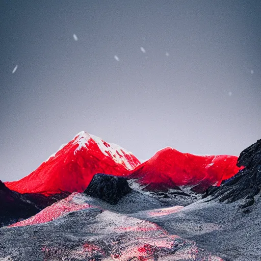 Image similar to an award - winning advertisement photo of a red vinyl, with a snowy mountain and ice, drammatic lighting, sigma 5 0 mm, ƒ / 8, behance