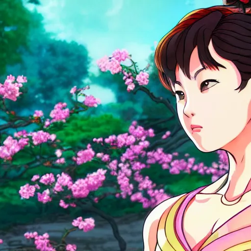 Image similar to an ultrawide photo of chun li standing in front of sakura trees, studio ghibli concept art, detailed, beautiful face, beautiful eyes, beautiful lighting, hdr, 4 k