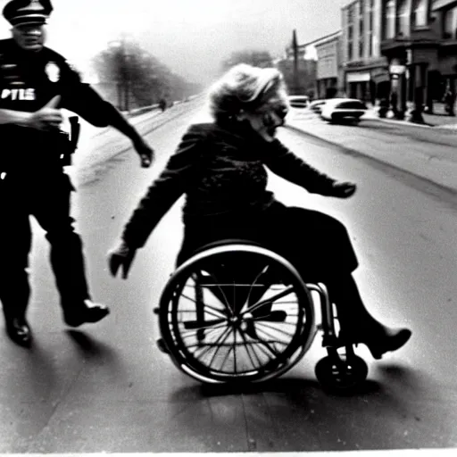 Prompt: Old woman in a wheelchair is chased by the police. photo. 1970.