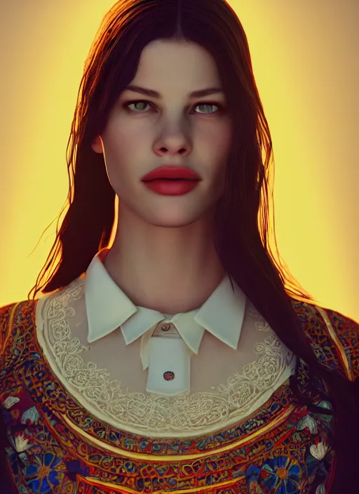 Image similar to young liv tyler, ukrainian national clothes, embroidered shirt, portrait of young woman, 8 k ultra realistic, lens flare, atmosphere, glow, detailed, intricate, full of colour, led lighting, 4 k, hyperrealistic, focused, extreme details, unreal engine 5, masterpiece