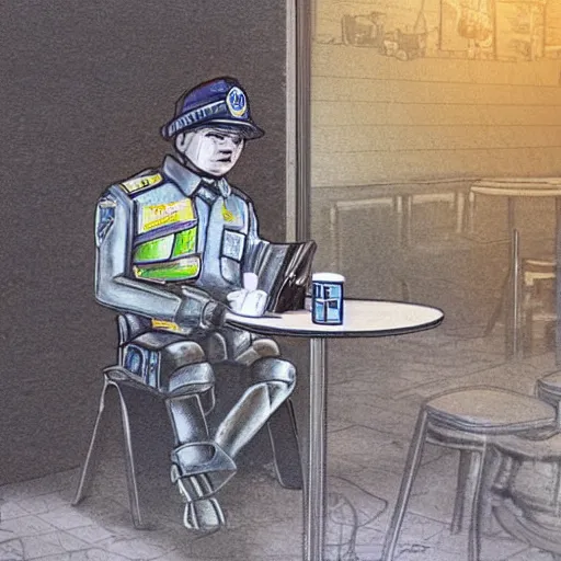 Prompt: a robotic police officer drinking tea in a coffee shop sitting down relaxed, photo realistic