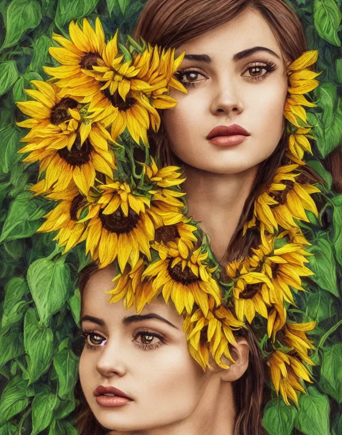 Image similar to Queen of the Sunflowers , a beautiful Ukrainian woman who looks like a mix of Audrey Hepburn and Selena Gomez, perfect skin, perfect face, gorgeous, symmetrical face, symmetrical body, artgerm, flowing hair, realistic, photorealistic, editorial photograph, portrait, detailed, intricate, focused, muted colors, artstation, border and embellishments inspiried by alphonse mucha, fractals in the background, galaxy