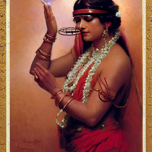 Image similar to detailed full body of hindu traditional woman blindfolded by high - tech vr headset, girl graceful,, painting by gaston bussiere, craig mullins, j. c. leyendecker, lights, art by ernst haeckel, john william godward, hammershøi,,