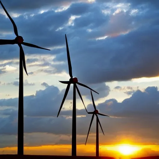 Prompt: green energy windmill farm producing power at sunset, natural light