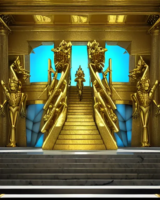 Image similar to scientifically realistic render scifi gold staircase to royal temple carved out of marble skeleton and blue gems and cyan crystal rendered in octane