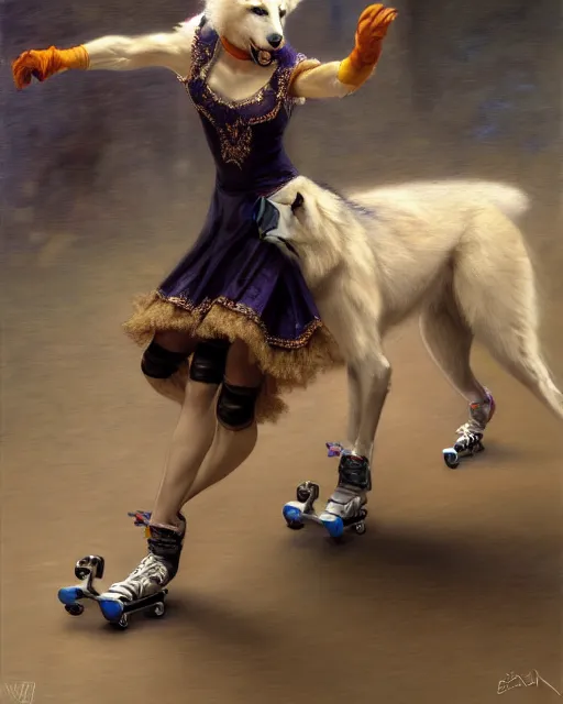 Image similar to white female anthro wolf skating at a roller derby, 4 k, furaffinity, trending on artstation, very expressive detailed face, energetic, speed, motion blur, by gaston bussiere, craig mullins, j. c. leyendecker, gustav klimt, artgerm, greg rutkowski, alphonse mucha