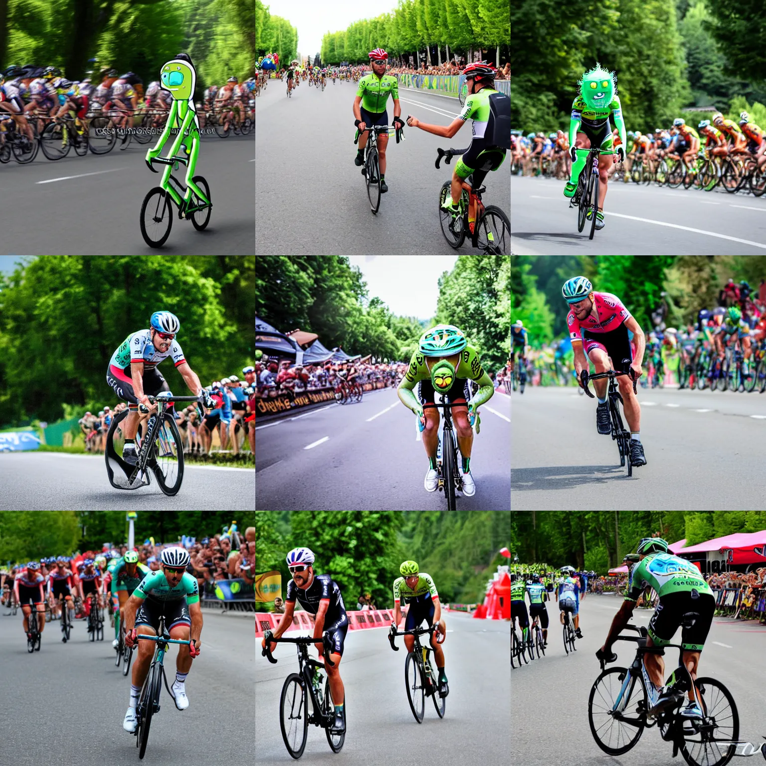 Prompt: bike rider with pickle rick as his leg in the tour de france, action shot, high quality photograph, high resolution