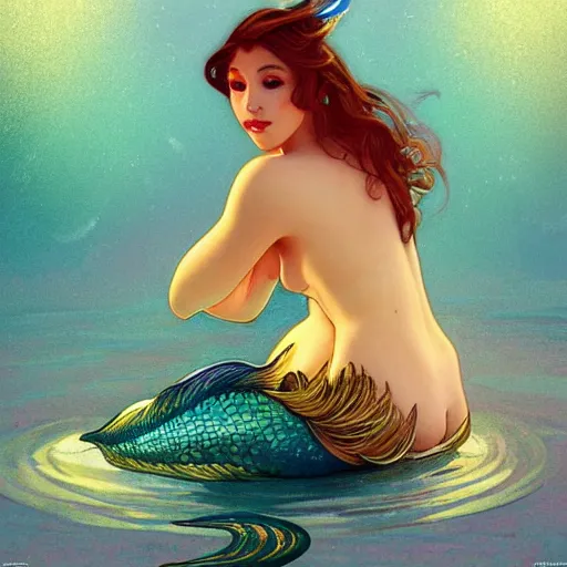 Image similar to a mermaid with a beautiful sparkling fin, cinematic lighting, soft bokeh, fantasy, modern, colourful, highly detailed, digital painting, artstation, deviantart, concept art, sharp focus, illustration, alphonse mucha, edward hopper