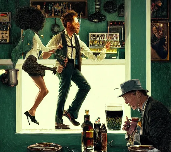 Image similar to Tom Waits and Iggy in a pub, highly detailed, digital painting, artstation, concept art, smooth, sharp focus, illustration, art by james gurney and norman rockwell and greg rutkowski chuck close