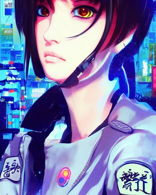 Image similar to police officer girl very very anime!!! fine face, audrey plaza, realistic shaded perfect face, fine details. anime. realistic shaded lighting cyberpunk futuristic neon tattoos styled hair reflective puffy sheen film jacket decorated poster by ilya kuvshinov katsuhiro otomo ghost in the shell magali villeneuve artgerm jeremy lipkin michael garmash rob rey