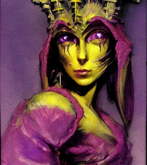 Image similar to evil princess of the wasteland, scrap metal headdress, strong line, vivid neon color, yellow purple, beautiful! coherent! by brian froud, by frank frazetta, low angle