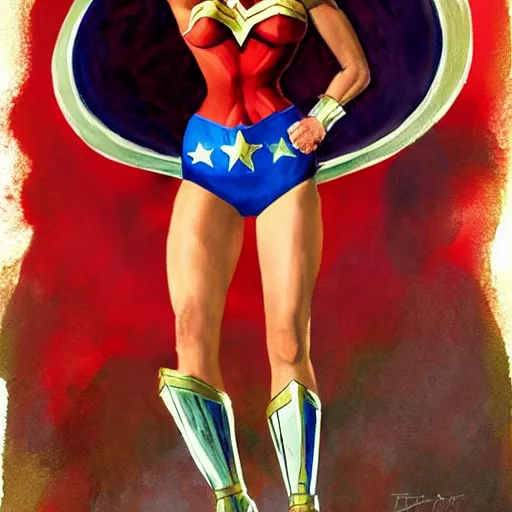 Prompt: Wonder Woman from Justice League movie with athletic body, frank frazetta painting