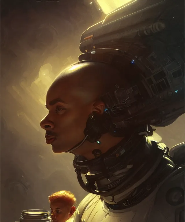 Image similar to Short muscular man in spacecraft loading bay, portrait, face, dark hair, black skin, sci-fi, intricate, elegant, highly detailed, digital painting, artstation, concept art, smooth, sharp focus, illustration, art by artgerm and greg rutkowski and alphonse mucha