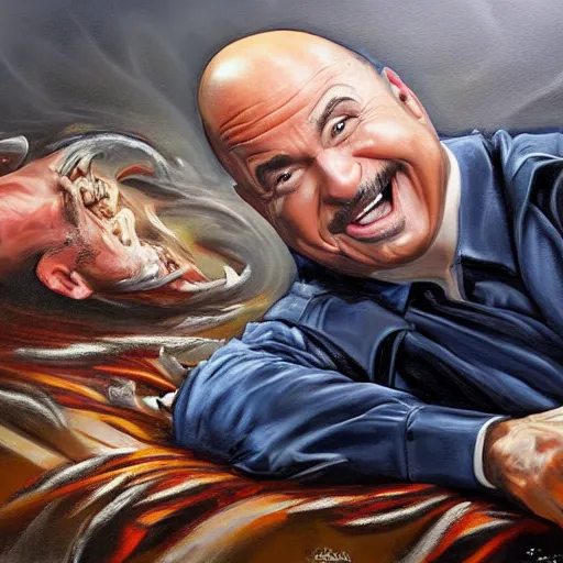 Image similar to highly detailed oil painting, concept art, dr phil laughing and dancing on a pile of dead bodies, concept art, highly detailed