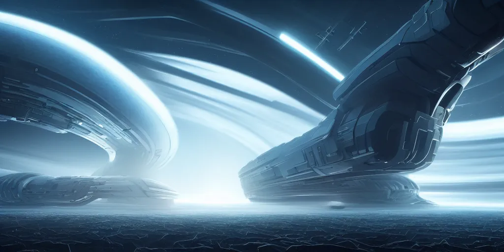 Image similar to giant tubular spaceship in deep space, portal, day, ultra high definition, ultra detailed, symmetry, god rays, sci - fi, dark fantasy, by paul chadeisson and denis villeneuve