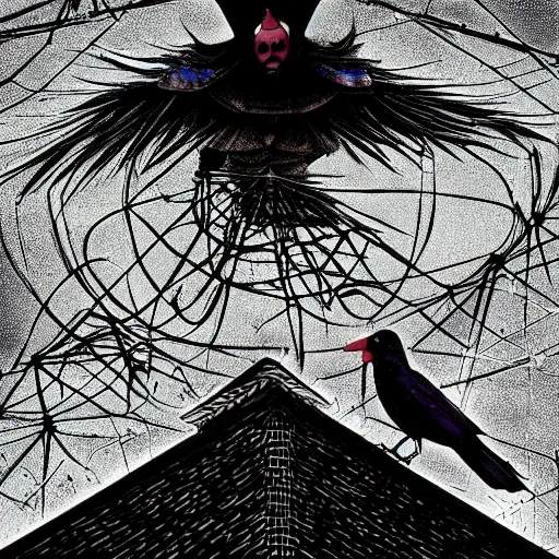 Image similar to a clown on the roof of the church playing with crows, by android jones and m. c. escher collaboration, futurist, digital art, dramatic lighting, symbolic