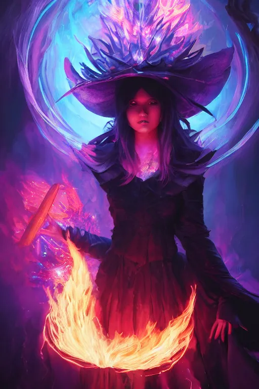 Prompt: a beautiful dark magician girl with a large witches hat covered in colourfull flames by Greg Rutkowski, Sung Choi, Mitchell Mohrhauser, Maciej Kuciara, Johnson Ting, Maxim Verehin, Peter Konig, final fantasy , mythical, 8k photorealistic, cinematic lighting, HD, high details, atmospheric,