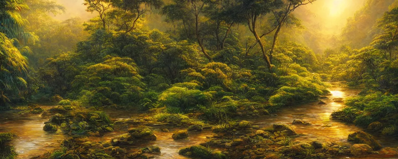 Prompt: River flows through a jungle in the mountains, golden hour, reflections, clouds, flowers, birds, mate painting, award winning, high detail