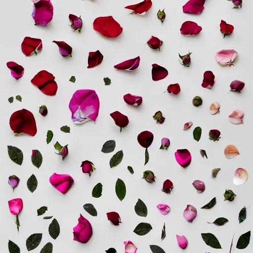 Prompt: various kinds of separate rose petals, botanical illustration, white background, 8 k