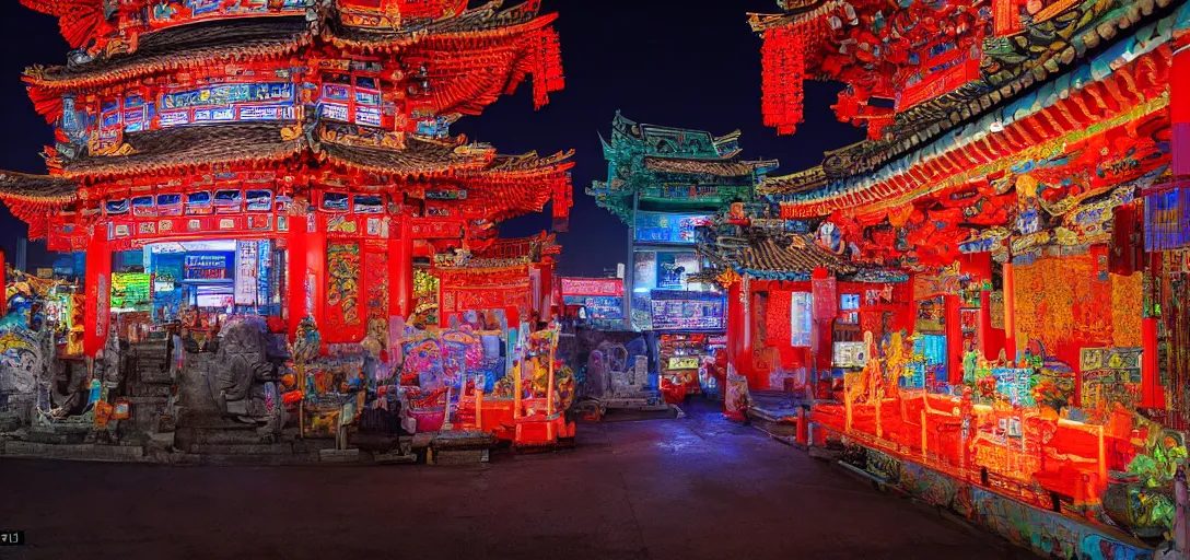 Image similar to ancient chinese cyberpunk shrine, photograph, ultra wide angle, sharp focus, intricate detail, drone shot, high resolution, 8 k, neon streetlights, holographic advertising board hanging everywhere, vivid color