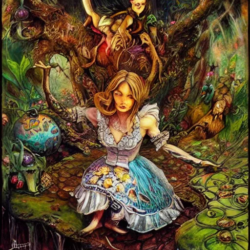 Image similar to alice in wonderland tripping on ayahuasca, intricate detail, painting, royo, frazetta, whealan,