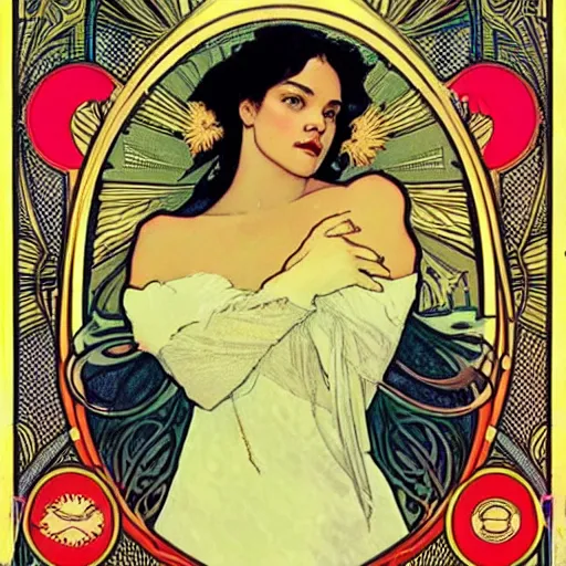 Image similar to tessa thompson portrait by louis - theophile hingre and alphonse mucha, realistic, sharp focus, zodiac signs, tarot cards, planets, ethereal, art nouveau, magic, moon, sun, crown, dreamy, royal, jewellery