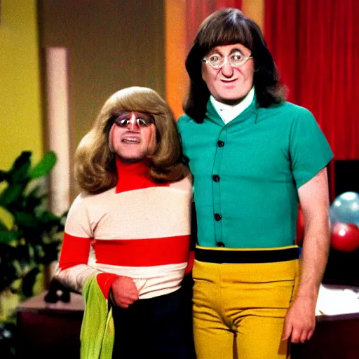 Image similar to on the full color tv set of captain kangaroo, 7 0 s color grade, guest starring john lennon