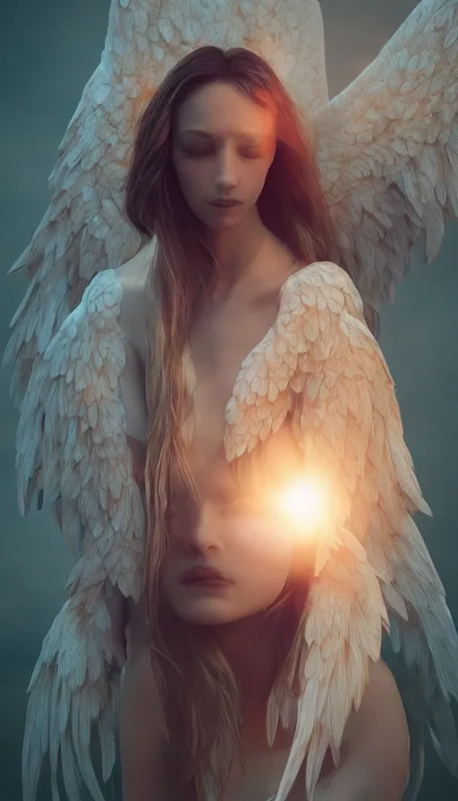 Image similar to portrait art of female angel, art by alessio albi 8 k ultra realistic, angel wings, lens flare, atmosphere, glow, detailed, intricate, full of colour, led lighting, trending on artstation, 4 k, hyperrealistic, focused, extreme details, unreal engine 5, masterpiece
