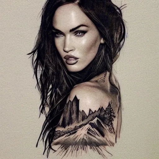 Image similar to megan fox as beautiful mountains, double exposure effect, medium sized tattoo sketch, amazing detail, on pinterest