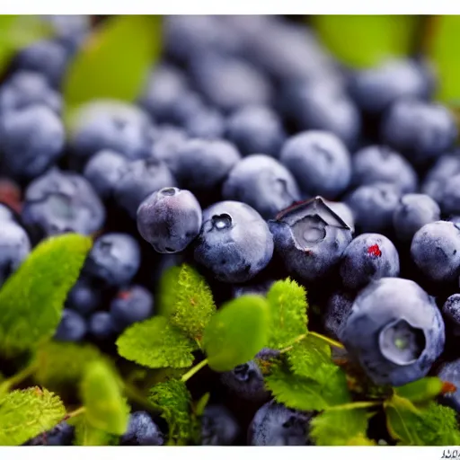 Prompt: closeup of a blueberry bush in a mossy nordic forest. Digital art. 4K. Artistic. Trending on artstation.