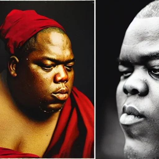 Prompt: detailed photography by Annie Leibovitz of the Notorious BIG, a buddhist monk who turned into the new Dalai Lama