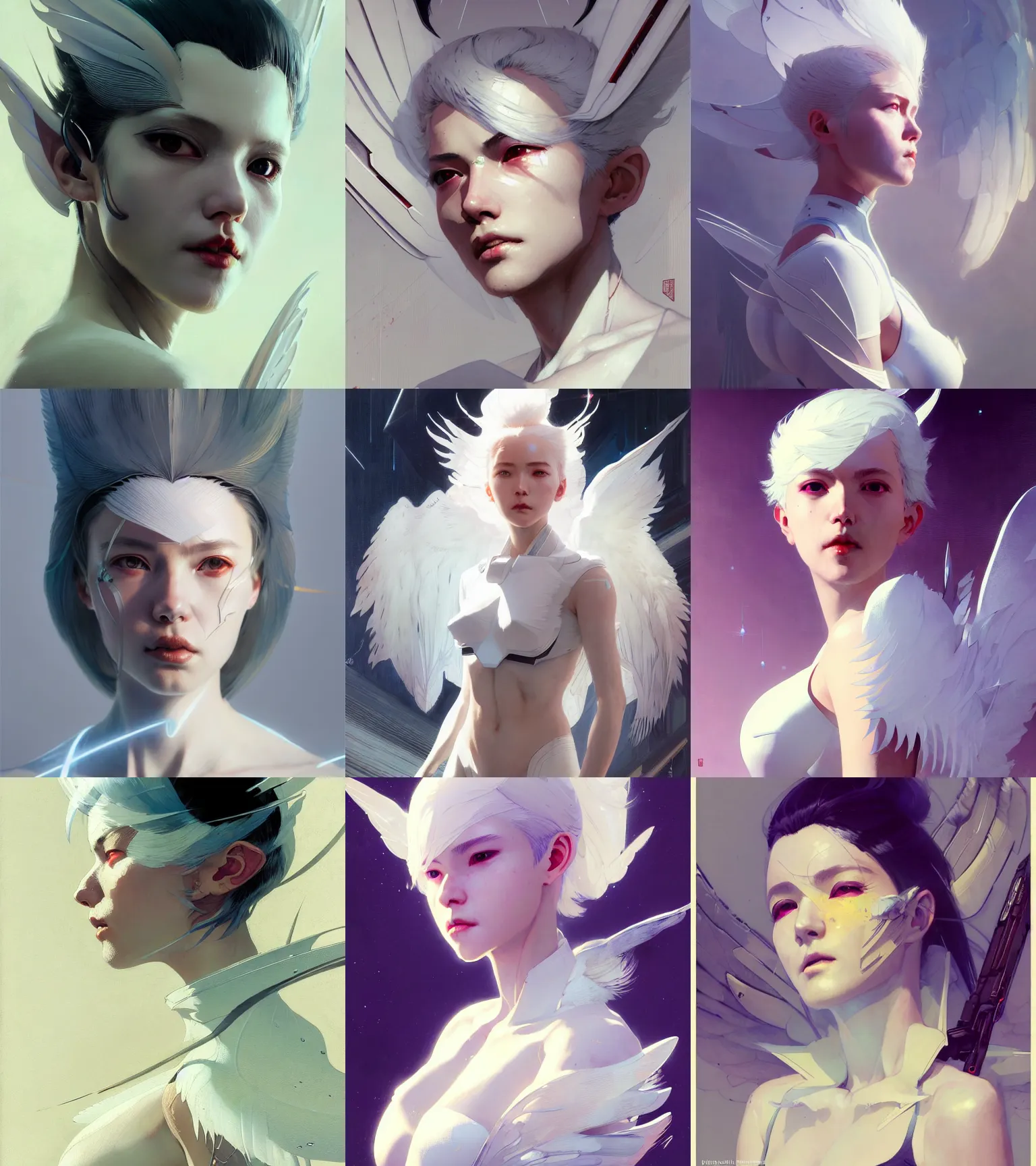 Prompt: character design by vincent di fate, jakub rebelka, tran nguyen, yoann lossel, wadim kashin ( ( ( portrait of a white haired cute japanese girl with white wings in a white elegant bra ) ) ) sharp edges. ultra clear detailed. 8 k. ultra detailed, elegant, intricate,