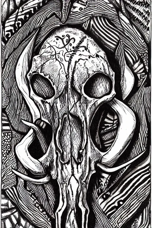 Image similar to Longhorn Skull, skull bone carved with patterns, wild wild west, tritone, mixed media, fine linework, pen and ink, symmetry