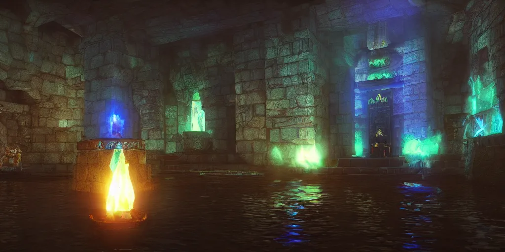 Prompt: legend of zelda water temple, dimly lit, blue torches on the walls, ray - tracing, water reflections, unreal engine, 4 k, cool color tone, desktop wallpaper