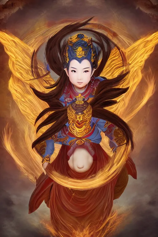 Image similar to nezha flies around swiftly on his wind flame circles, chinese mythology, top view, cinematic, fantasy character portrait, highly detailed, by new gods : nezha reborn, nezha : birth of the demon child,