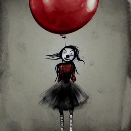 Prompt: grunge painting of a billie eilish with a wide smile and a red balloon by tim burton, loony toons style, pennywise style, corpse bride style, rick and morty style, creepy lighting, horror theme, detailed, elegant, intricate, conceptual, volumetric light