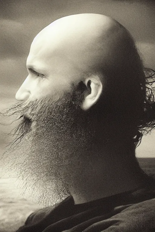 Image similar to a man's face in profile, long beard made of an enormous ocean wave, in the style of the Dutch masters and Gregory crewdson, dark and moody